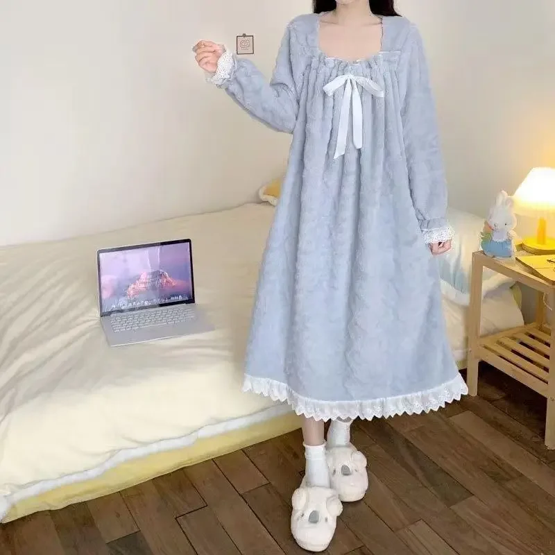 Fleece Women Nightgown Korean Winter Sleepwear Bow Night Dress Lace One Piece Pajamas Solid Warm Knee Length Warm Home Wear New