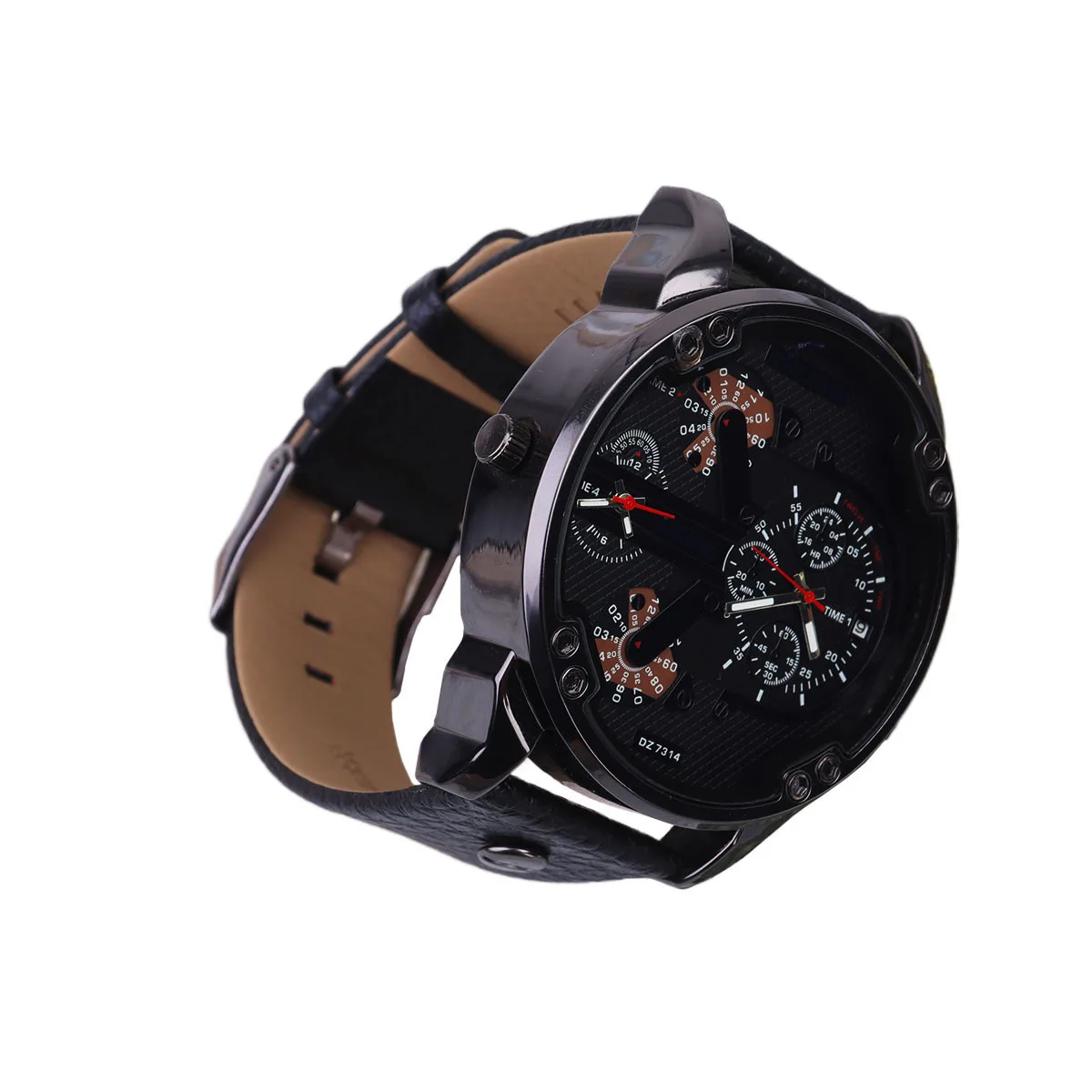 Relógio de pulso masculino com mostrador grande, relógio de pulso elegante em pu, preto, dois movimentos, calendário, presente para amigos masculinos