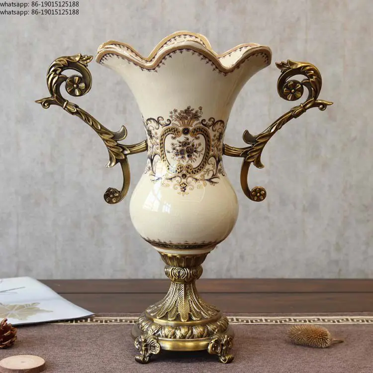 European retro tall ears, American creative soft decoration process ornament, alloy ceramic large vase