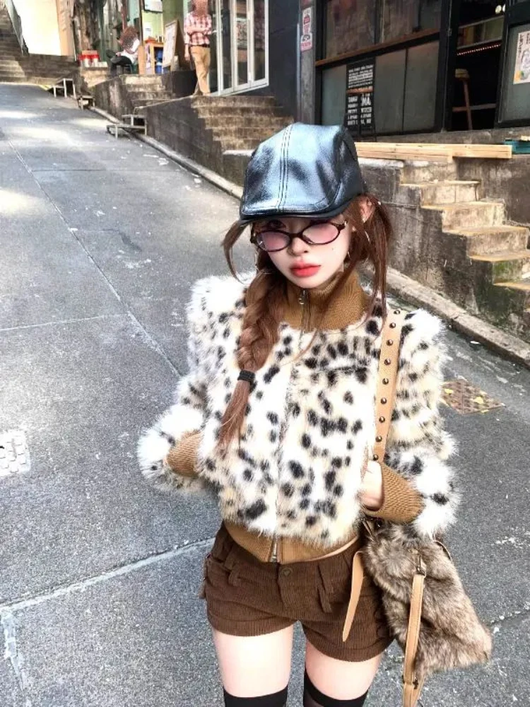 

Vintage Leopard Print Patchwork Short Coat Women 2025 Autumn Winter New Thicked Warm Jackets Y2k Zipper Tops Mujer Hoodies