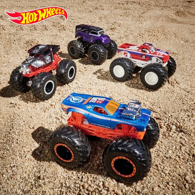 Original Hot Wheels Car Moster Trucks Diecast 1/64 Dinosaur Beast Giant Wheels Metal Car Model Crash Racing Vehicle Boys Toys