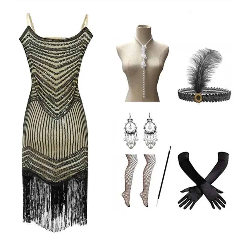 فستان كاميس بدون أكمام للنساء ، شرابة عالية الخصر ، ترتر ريترو ، فستان غاتسبي ، مأدبة سهرة ، ثوب كرة مثير ، فستان ميدي ، تريند