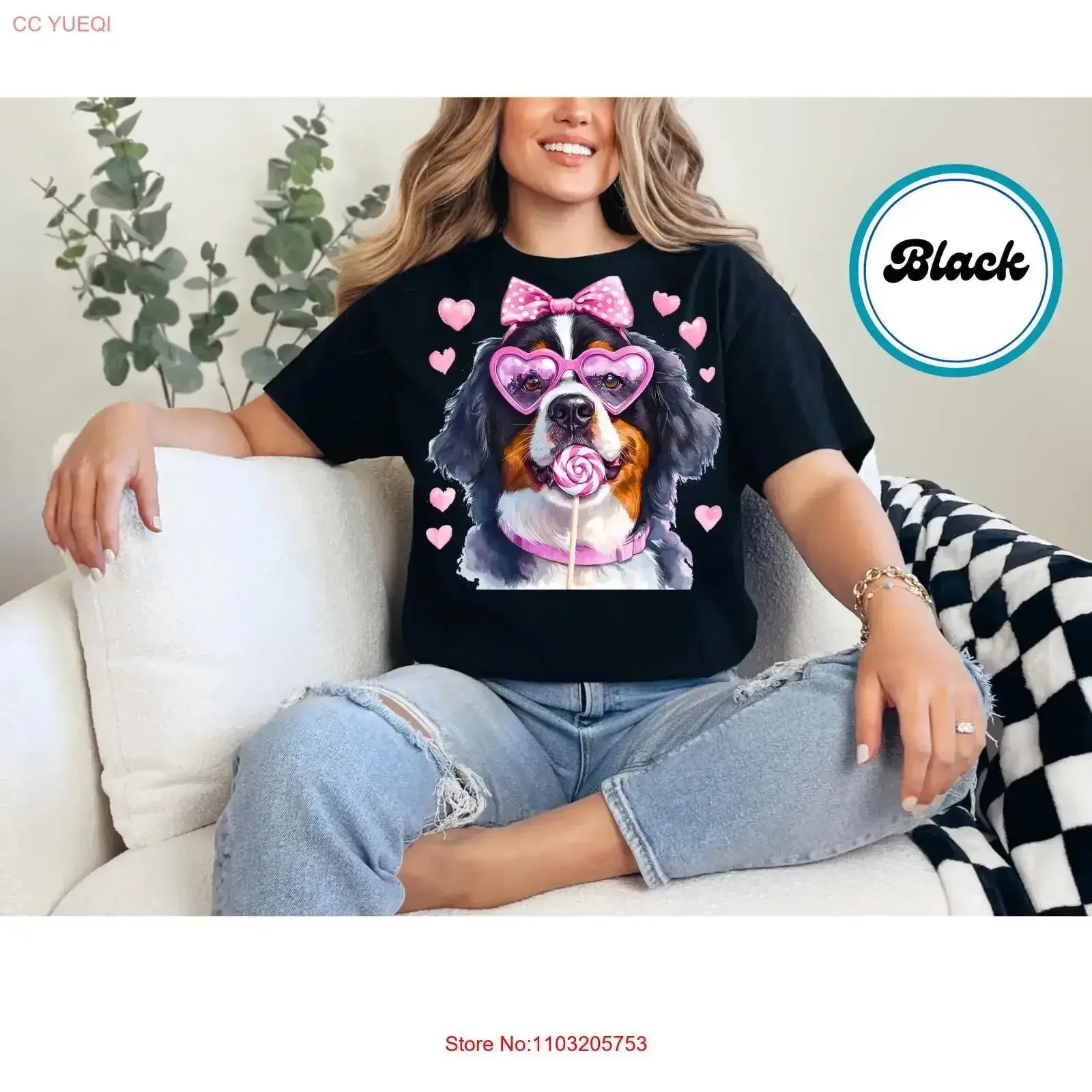 

Women's Cute Valentine Bernese T Shirt Trendy Mountain Puppy Dog Coquette vintage Washed Casual designer clothes graphic