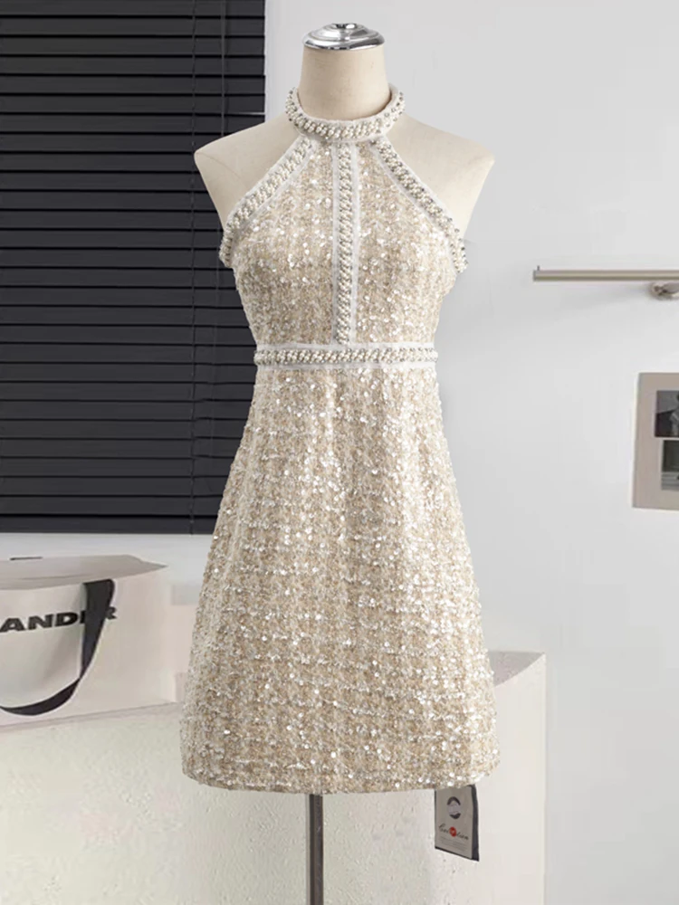 

Small Fragrant Ladies Sleeveless Tweed Sexy Night Club Dress Women's Summer New Halter Pearl Beading Mini Elegant Party Dresses