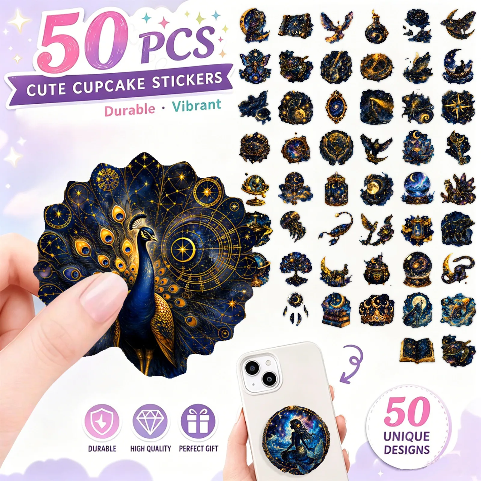 50Pcs Gold Foil Starry Sky PET Stickers Retro Magic Cosmic Crystal Ball Decals Transparent DIY Decor Stickers for Journal