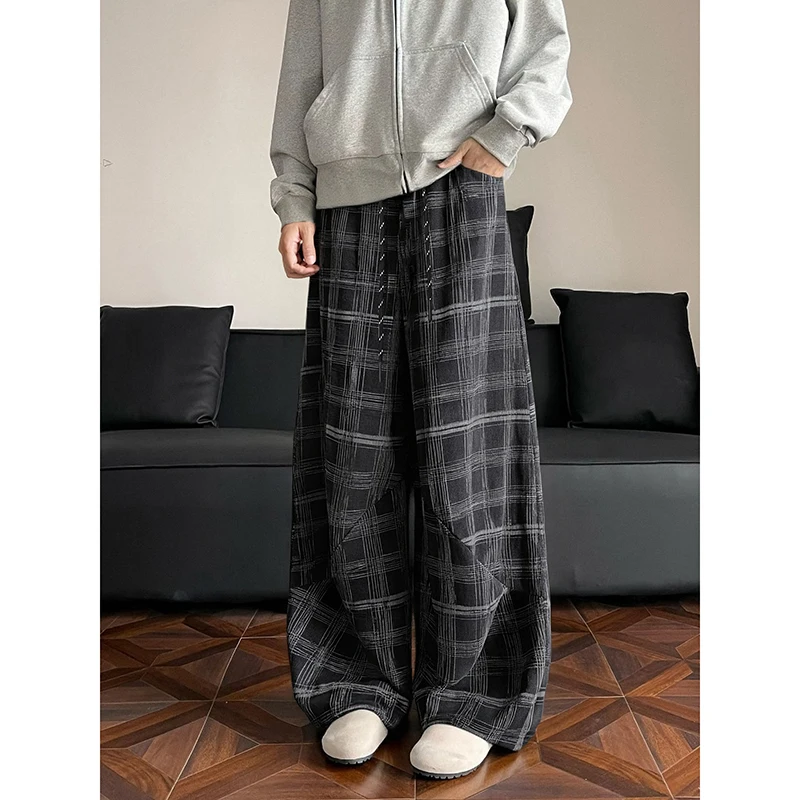

Spring Summer Casual Pants Men Fashion Retro Plaid Pants Men Streetwear Hip-hop Loose Wide Leg Pants Mens Vintage Trousers