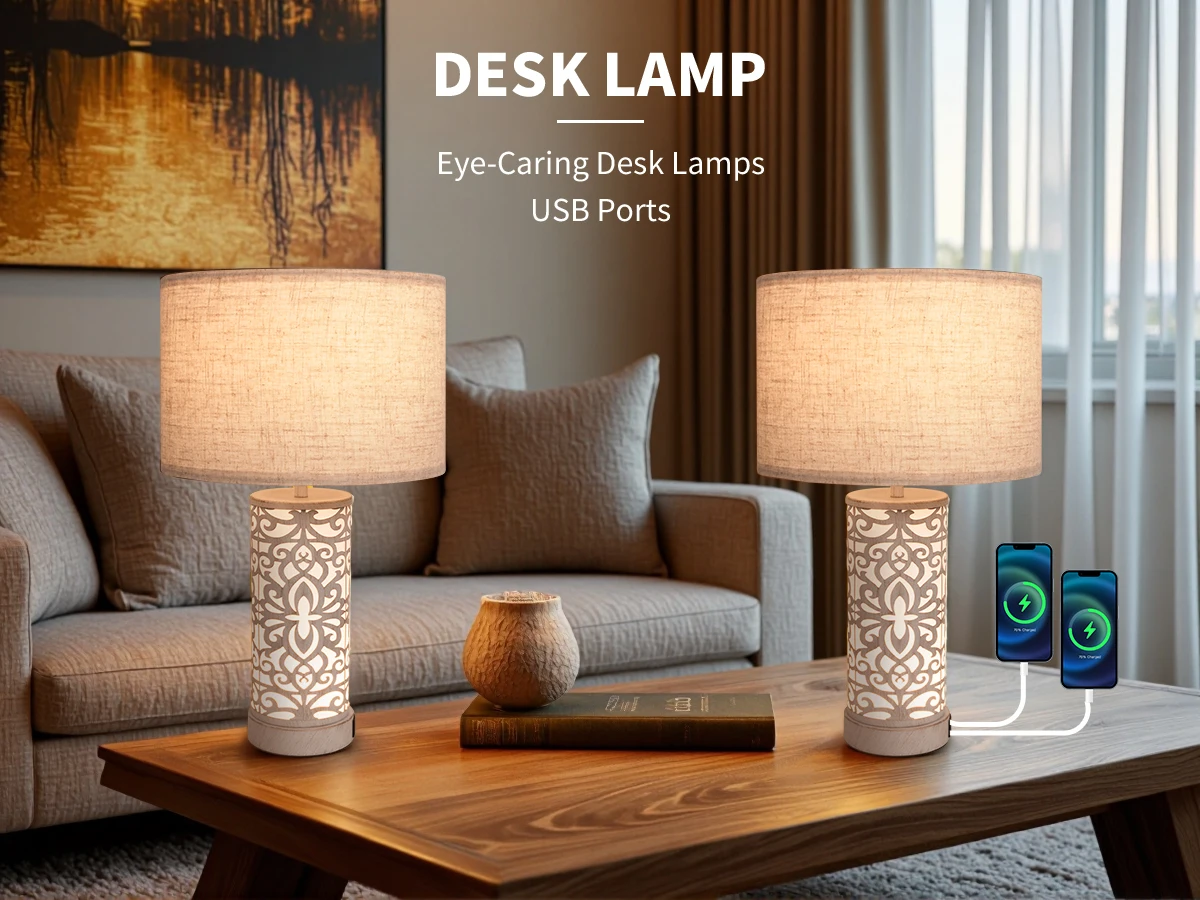 مصباح طاولة مزرعة ريترو مع متعدد الوظائف وقابل للتعتيم، عبوتان + منفذي USB مع ضوء ليلي لغرفة المعيشة وغرفة النوم وطاولة السرير، بما في ذلك المصباح