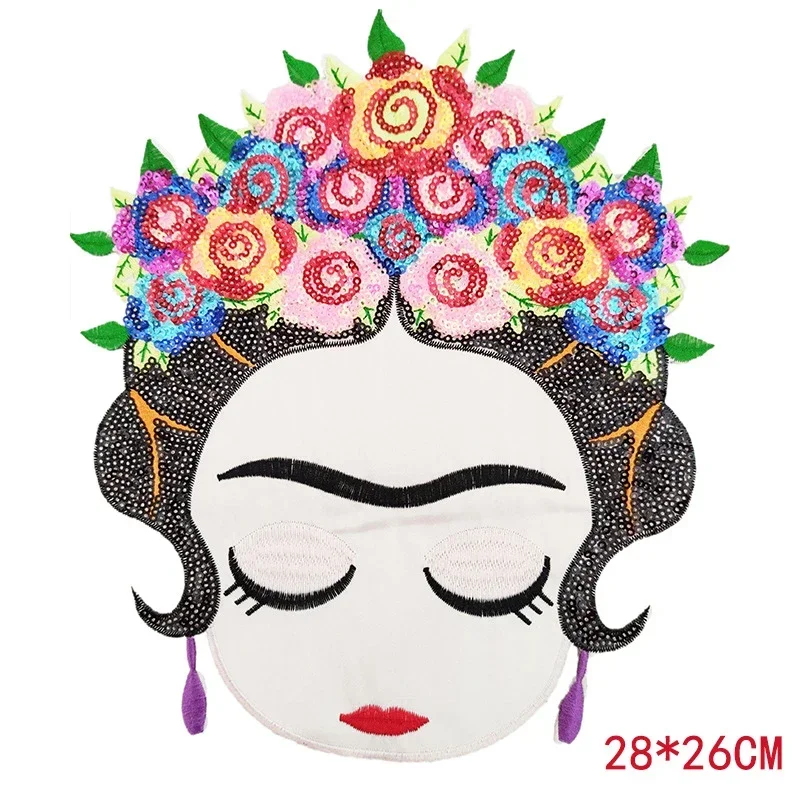 Mexican Flowers Headwear Girls Iron on Patches Cartoon Characters Sequins Embroidery Patch for Clothing  Accessories Bag Sticker