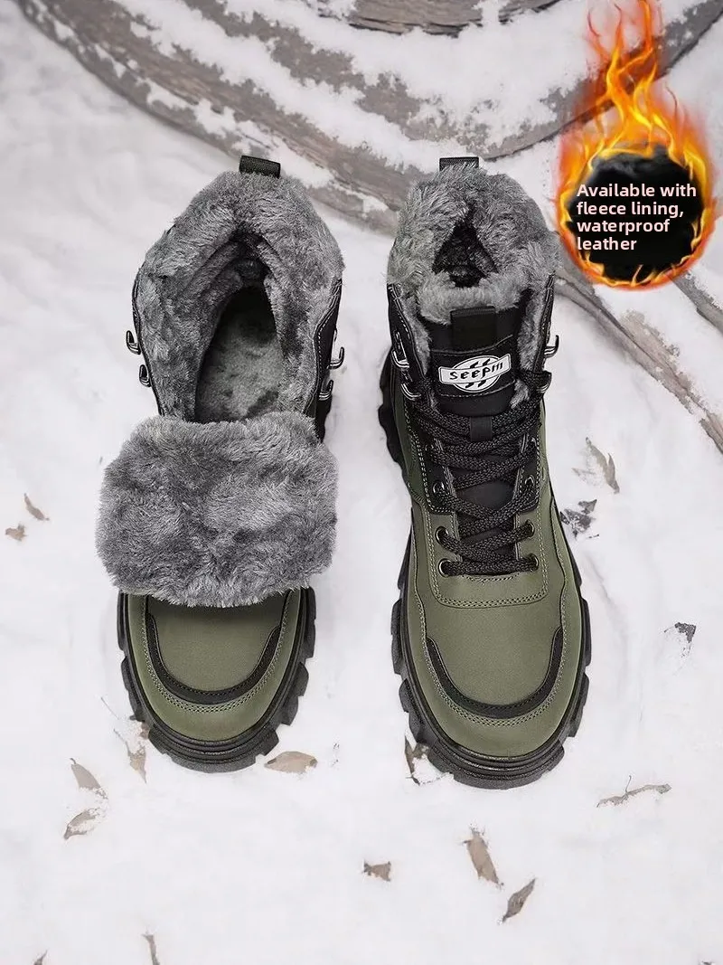 

Men's Winter Snow Boots Waterproof Anti-slip Casual Mountain Climbing Workwear Leather Boots Thick Bottom Fleece Lined Warm H...
