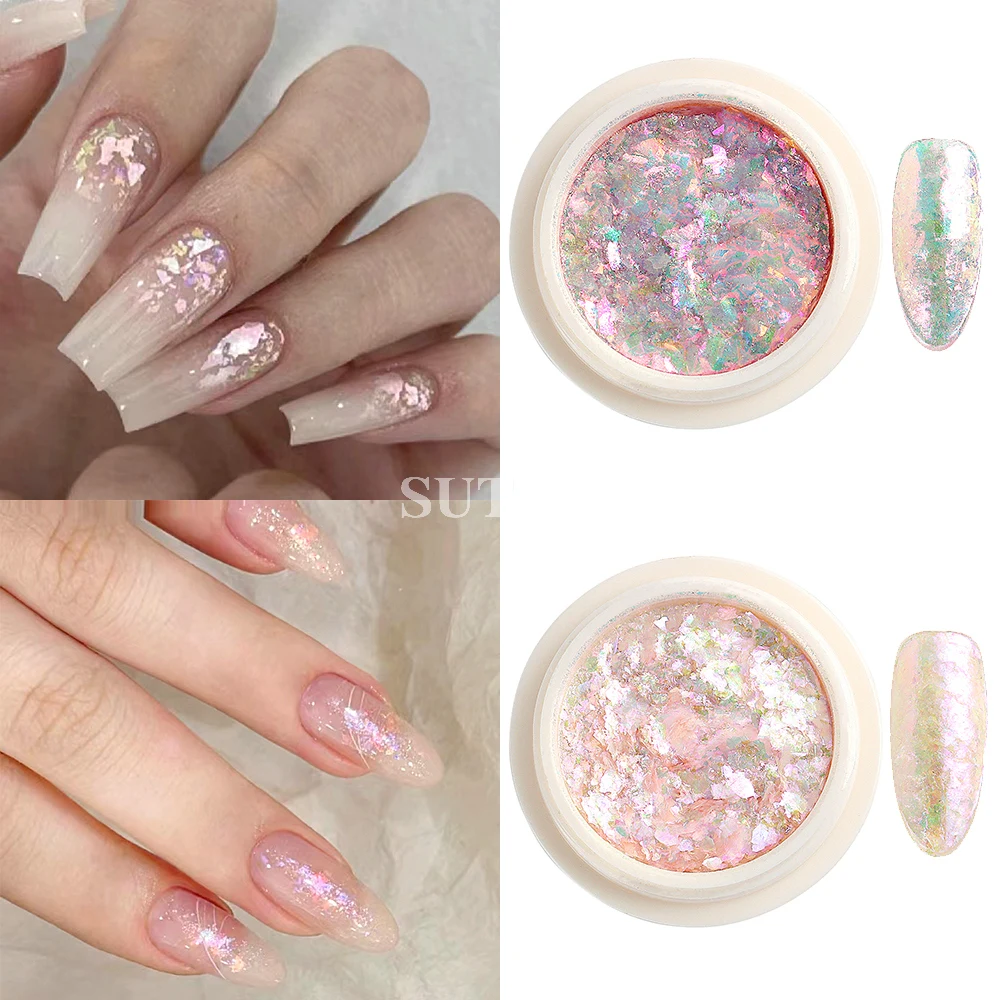 Pink Opal Nail Flakes Iridescent Glitter Aurora Chrome Powder Gold Foils for Nails Chameleon Pigment Manicure Paillette LEBB-ONB