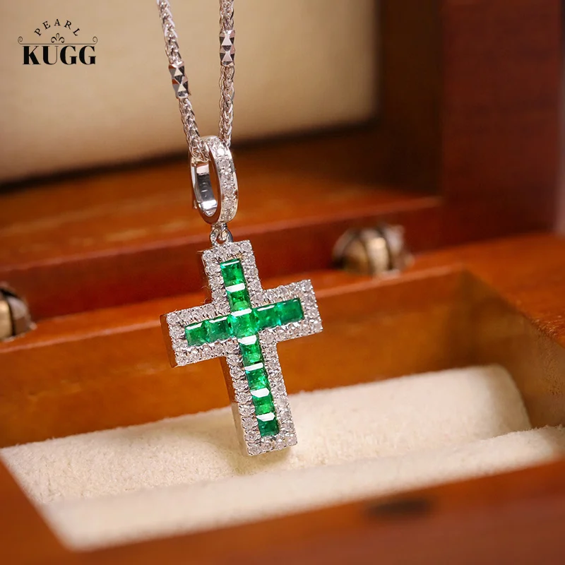 

KUGG 18K White Gold Necklace Real Diamond Natural Emerald Gemstone Necklace for Women Wedding Shiny Cross Design High Jewelry