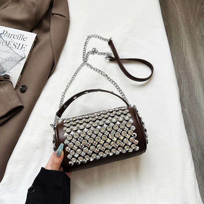 

Fashion Ladies Round Handbags PU Leather Luxury Small Diamond Chain Shoulder Bags Female Designer Rhineston Shiny Crossbody Bag