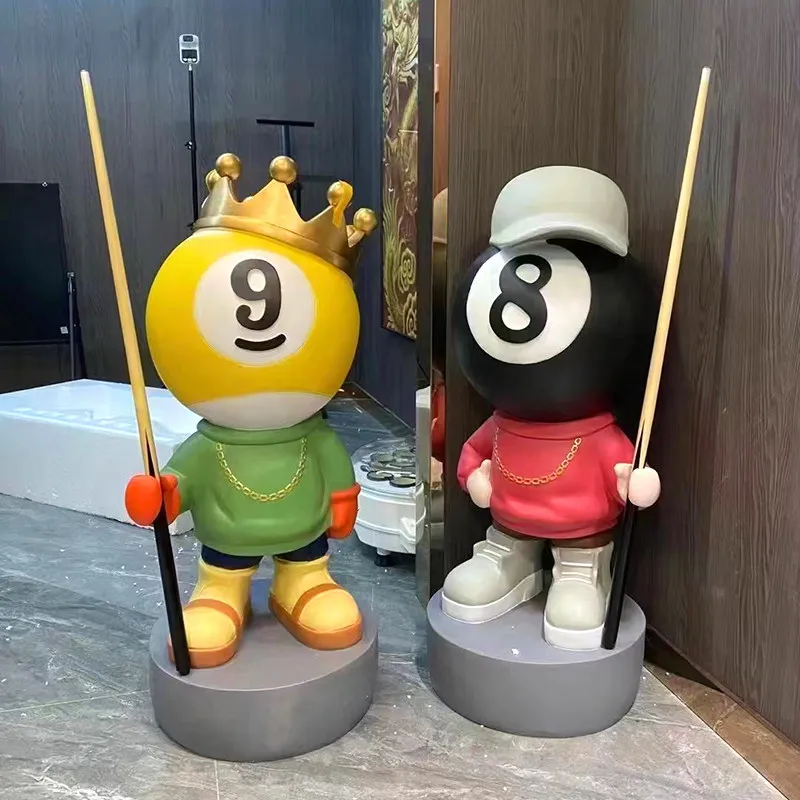 Trendy Billiards Cartoon Floor Sculpture, Black 8 and 9 Ball Figurine, Large Decorative Item for Billiards Hall Stores.