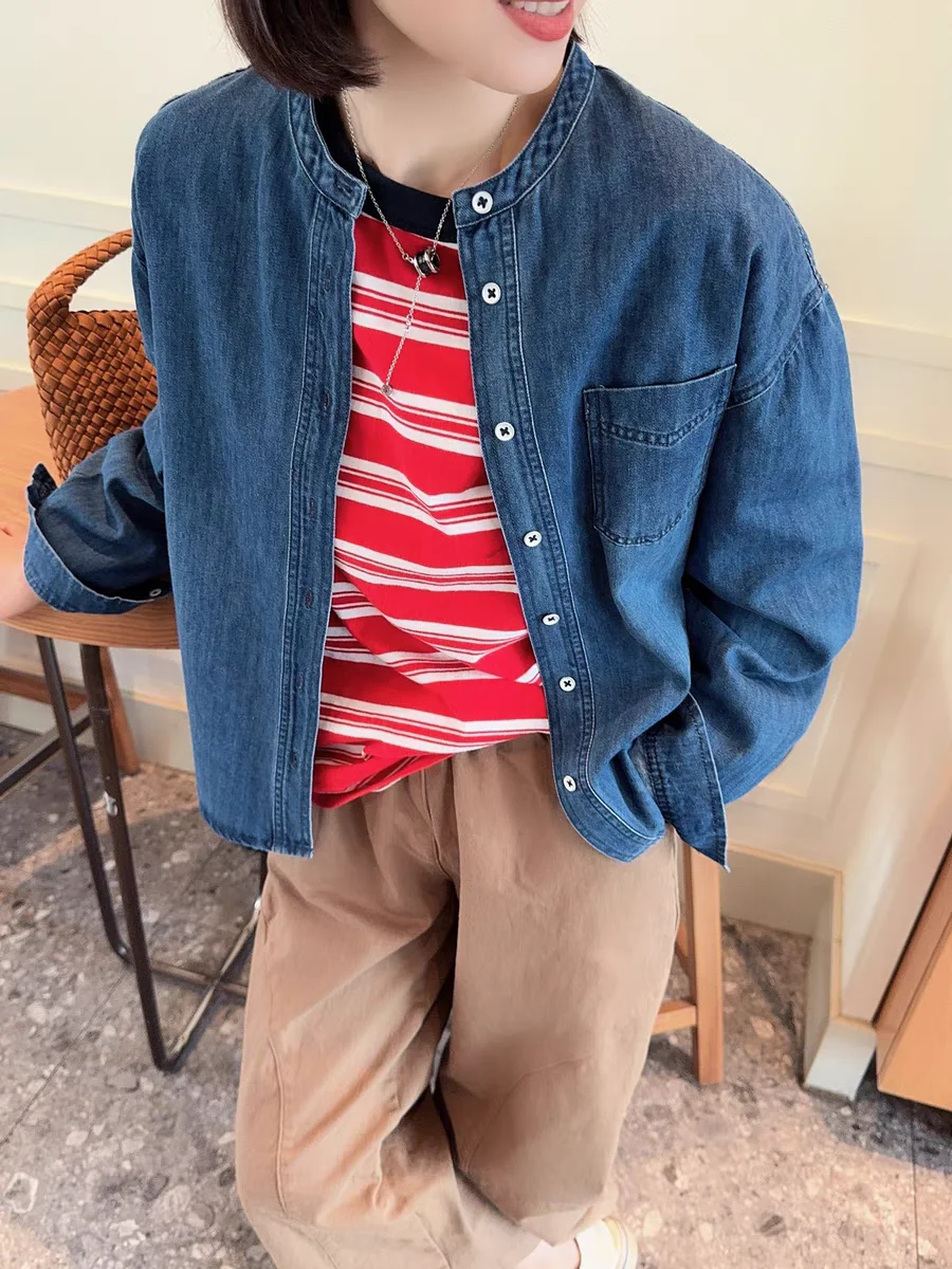 

Свободный крой, повседневная джинсовая одежда irt, женская весенне-осенняя длинная свековая круглая Ne, мягкая верхняя одежда Jaet Button ket Design