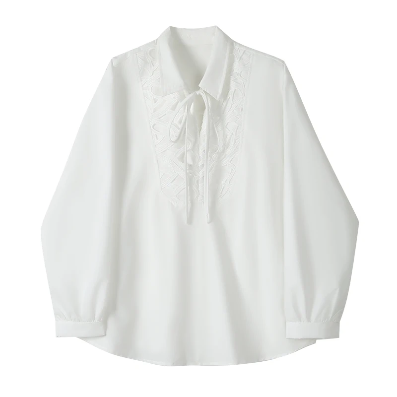 Women's Shirt Long Sleeve Loose Hollow Embroidery Polo Collar Solid Color Top French Chic Autumn Fashion Commuter