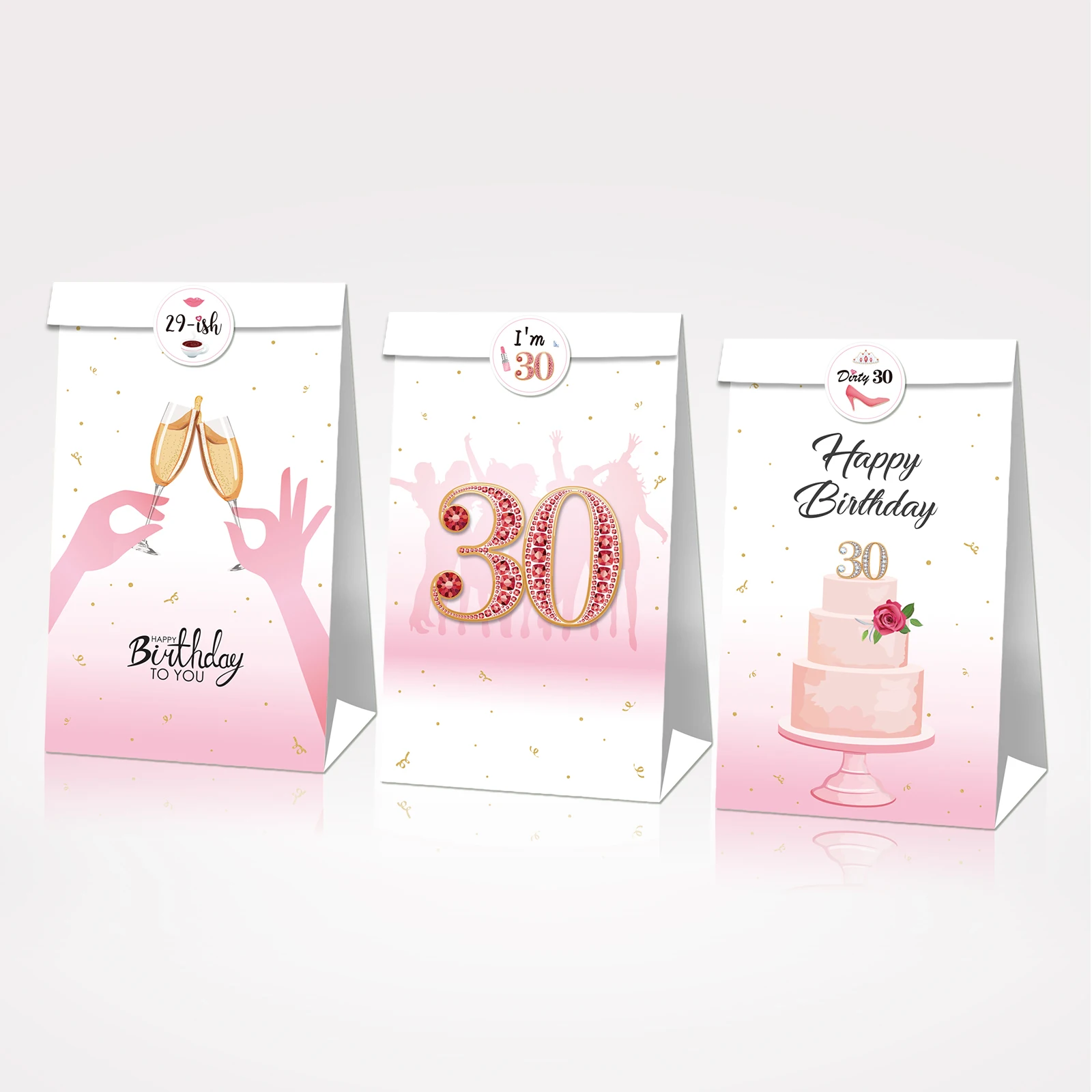 

LB089 12Pcs Lady Sweet Rose Flowers Cheers 30th Birthday Party Candy Kraft Paper Gift Bags Stickers Set Thank You Party Decors