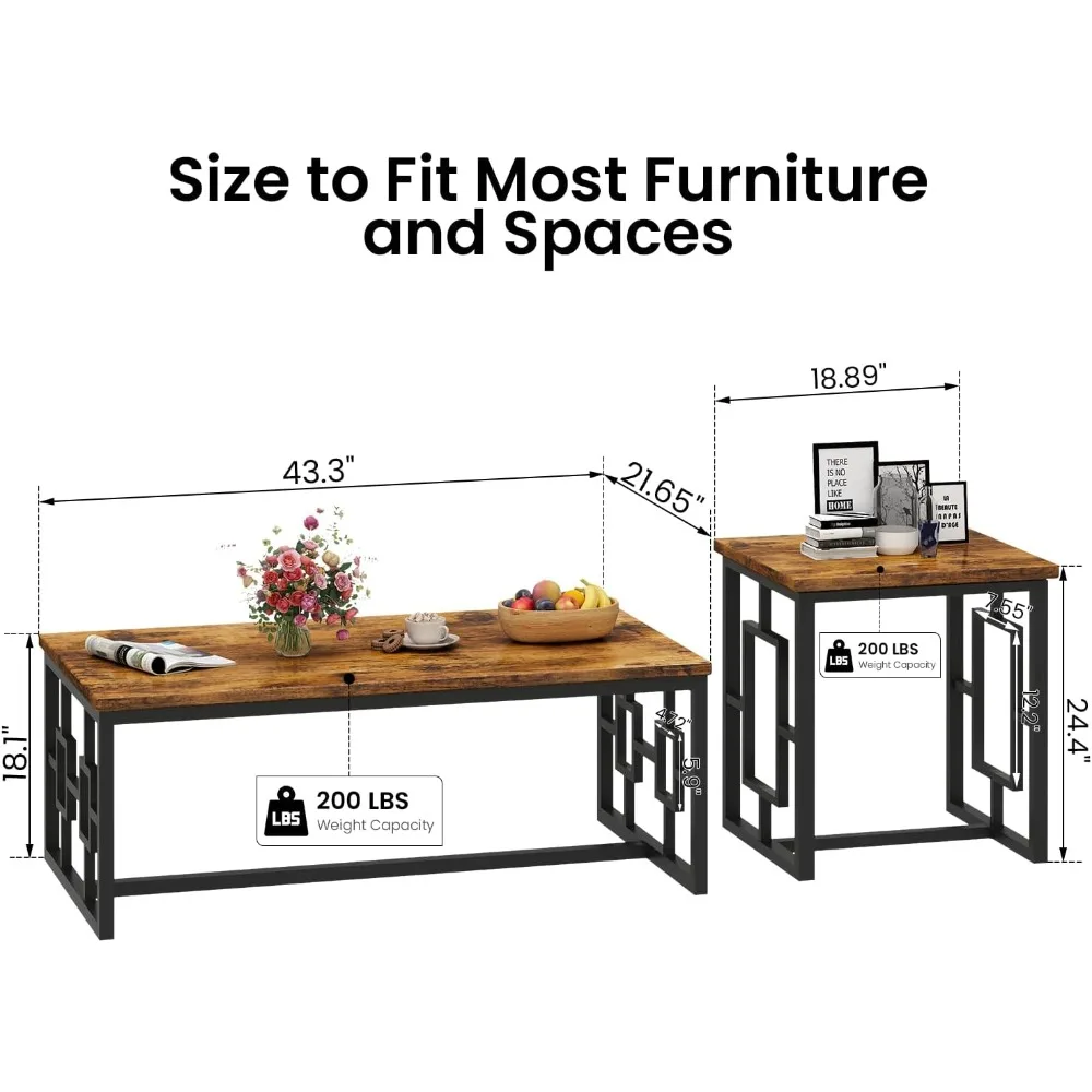 Modern Vintage Dark Brown Coffee and End Table Set for Living Room, 3-Piece Rectangle Furniture