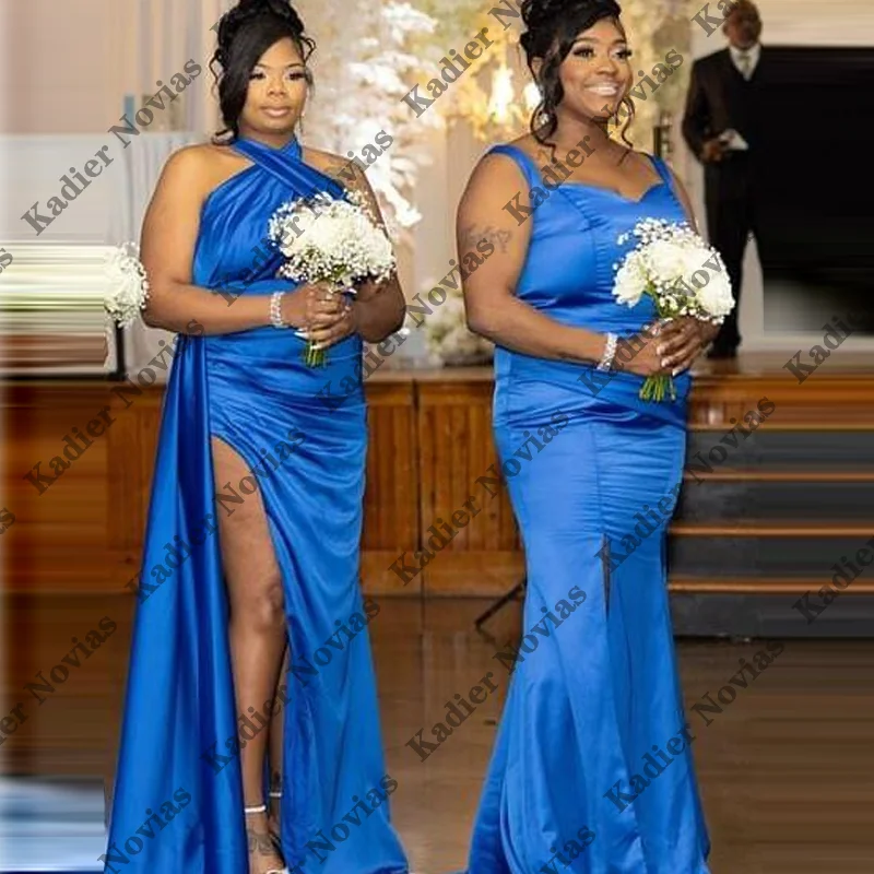

Plus Size Wedding Guest Dress Blue Bridesmaid Dresses with Split Customized vestido de madrinha de casamento