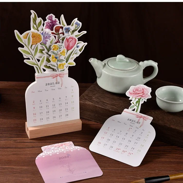 2025 Bloomy Flower Desk Calendar Creative Wooden Card Calendar High Quality Desktop Calendar Illustrator Decorate Supplies