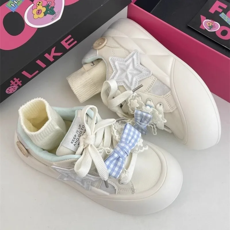 Cute Star Design Sneakers for Female Students Pink Bowknot Thick-soled Sneaker Women's Casual Tennis Shoes Zapatillas De Mujer
