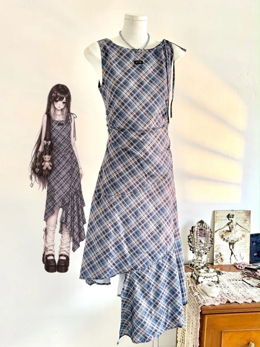 Y2K Plaid Asymmetric Hem Midi Dress Women Sleeveless Tie Shoulder Ruched Waist Vintage Grunge Fairy Grunge Streetwear Dress