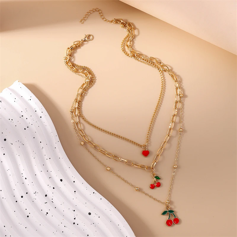 Modische Halskette mit rotem Kirschanhänger für Damen und Mädchen, mehrschichtige Halskette, Geschenk, Party, Festival, Schmuck, Dekoration – Detail 6