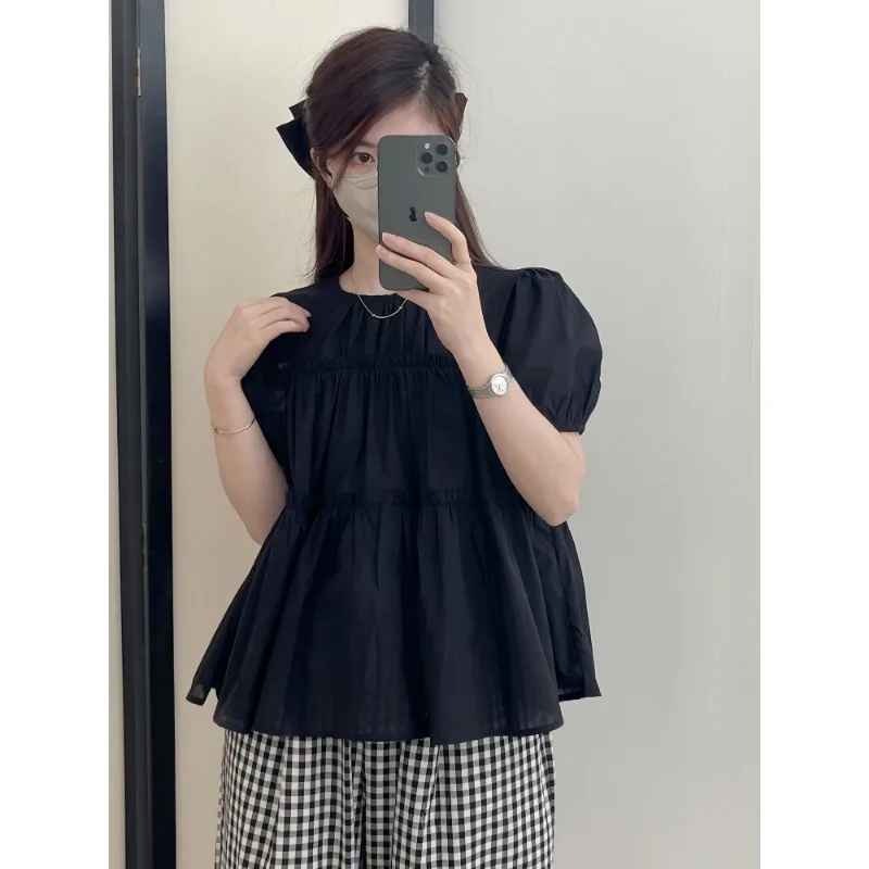 Ruffles Shirts and Blouses Korea Solid Summer Top Women 2024 Elegant and Youth Woman Blouses Solid Fashion Short Sleeve Clolthes