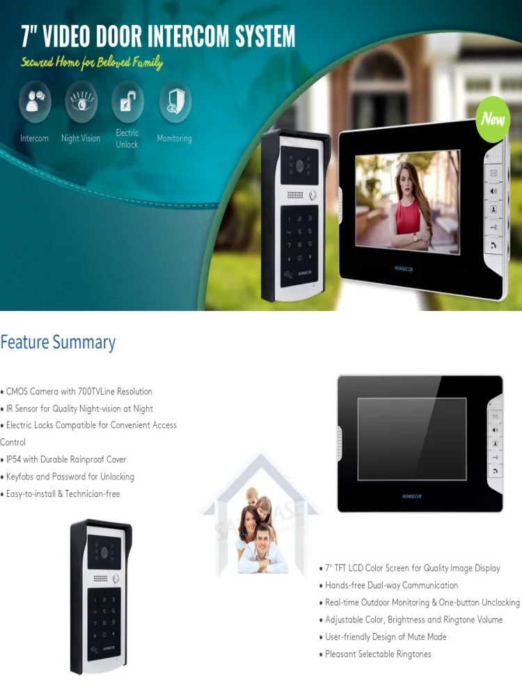 

Modern 7" Monitor Video Intercom Doorbell System 2-Way Audio IR Night Vision Camera Security Monitor 1-to-1 Kit for Apartment
