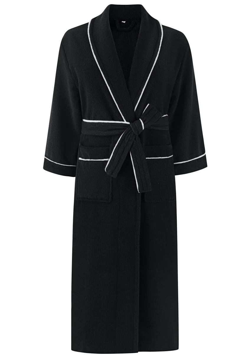 Men's Black Terry Cloth Bathrobe White Trim Absorbent Shawl Collar Soft Lightweight Cozy Warm Quick Dry Hotel Spa Loungewear