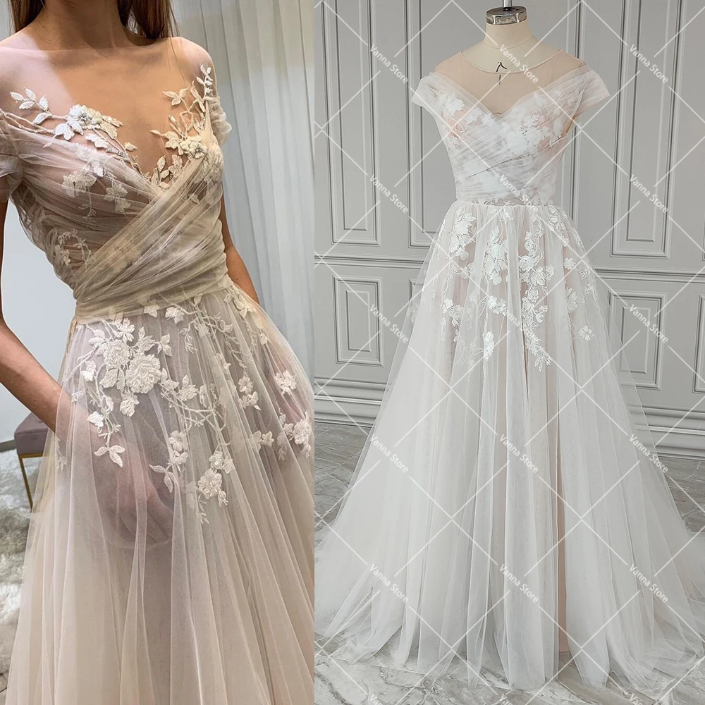 Cirss Cross increspato tulle illusione abiti da sposa spiaggia personalizzata una linea romantico pizzo floreale ricamo abito da sposa con scollo a barca