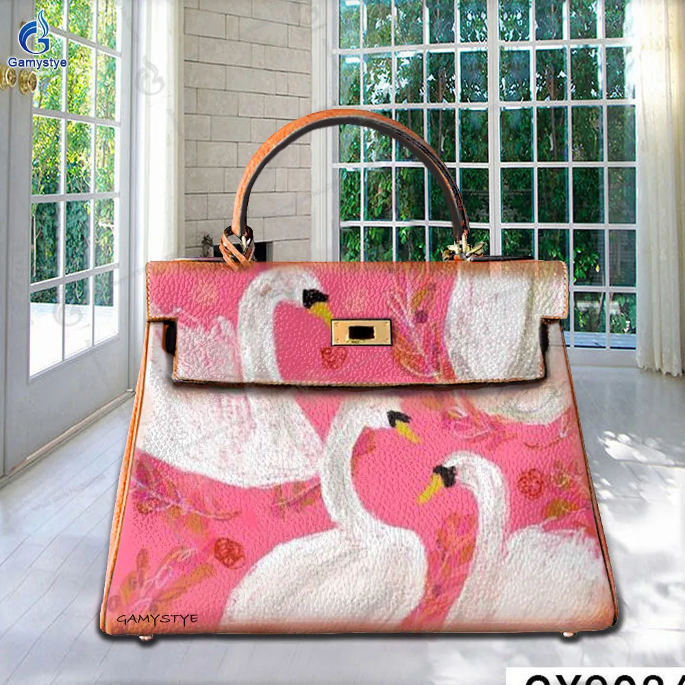 

Ladies Hand Bag Female Carteras Para Mujer De Moda Originales Cartoon Swan Print High Quality Genuine Leather Art Hand-Painting