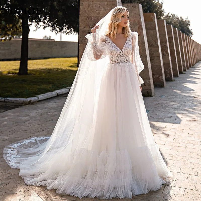 

LORIE Ivory Wedding Dresses A Line Long Puff Sleeve Lace Bridal Gowns Beach V Neck Wedding Party Gowns 2023