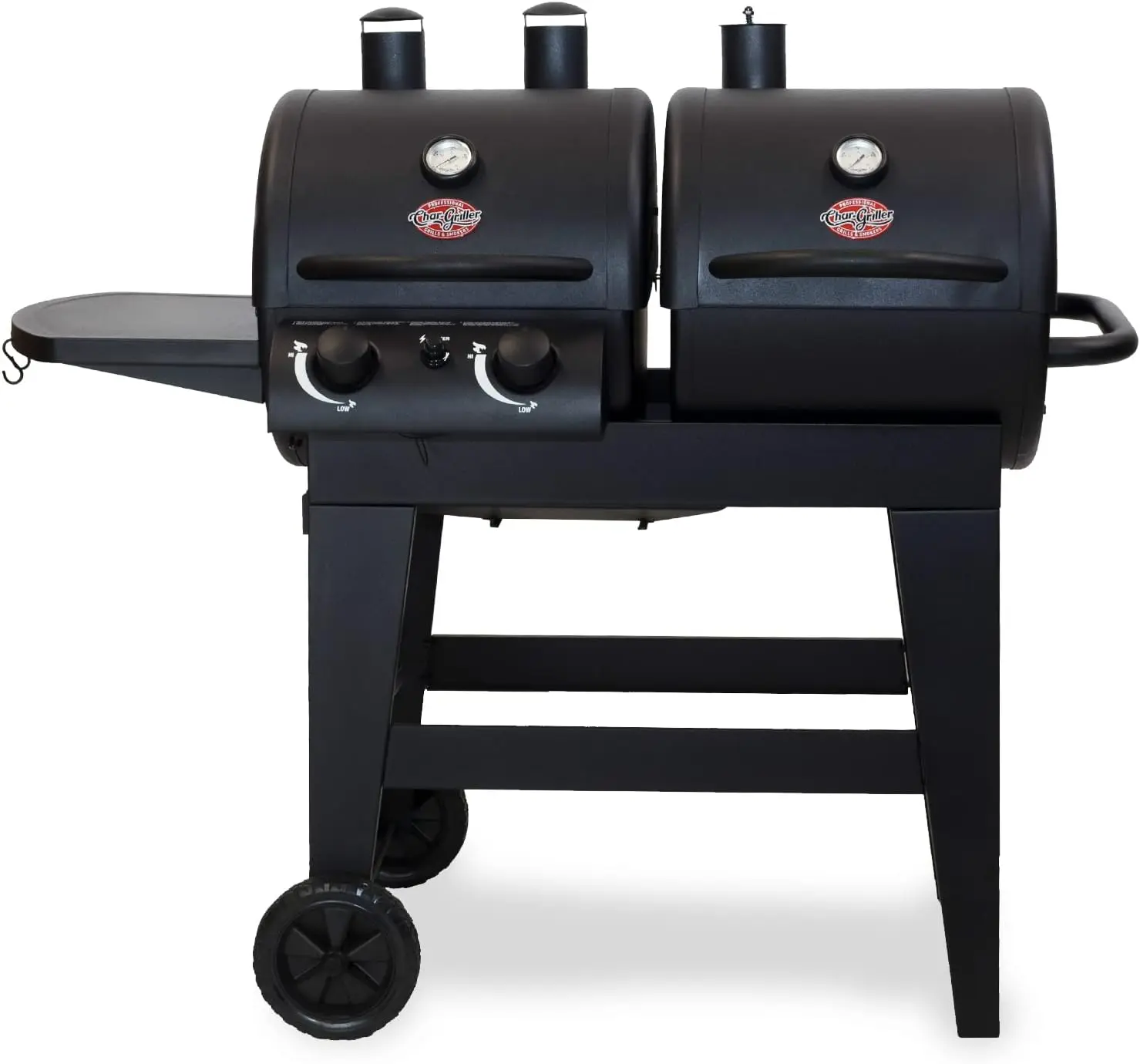 

Dual-Function 2-Burner 24,000 BTU Propane Gas and Charcoal Combination Grill and Smoker with 870 Cooking Square Inches in Black,
