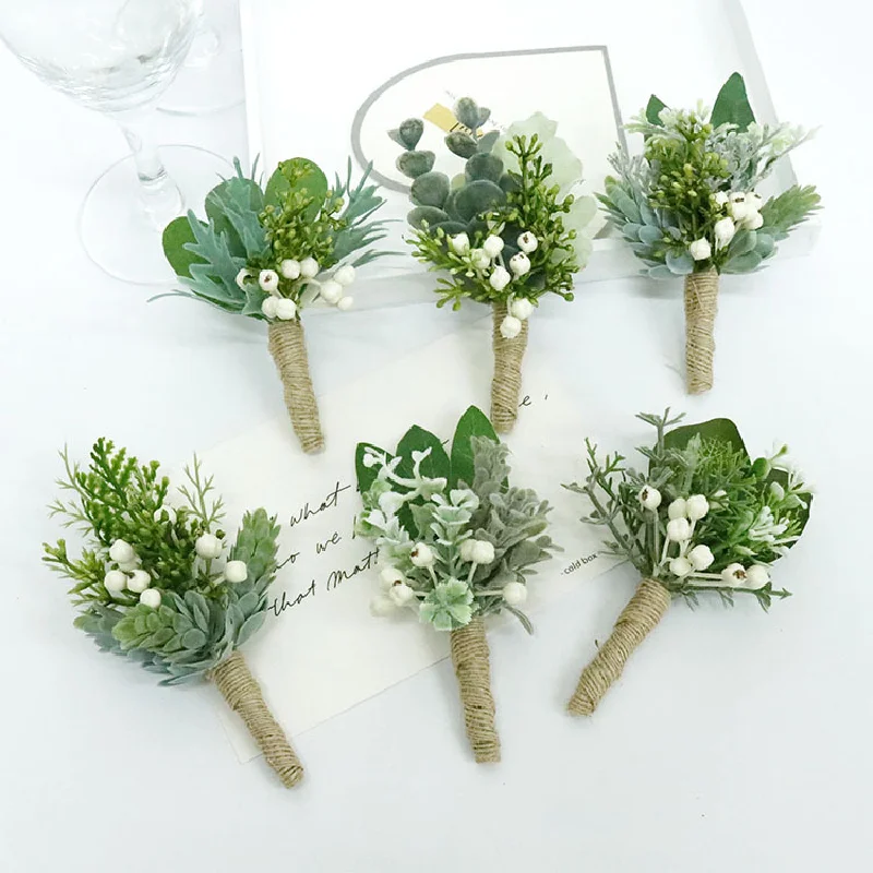 Boutonniere e Wrist Corsag para festa de banquete, Celebração da conferência de negócios, Plantas verdes florestais, Flores simuladas, 308