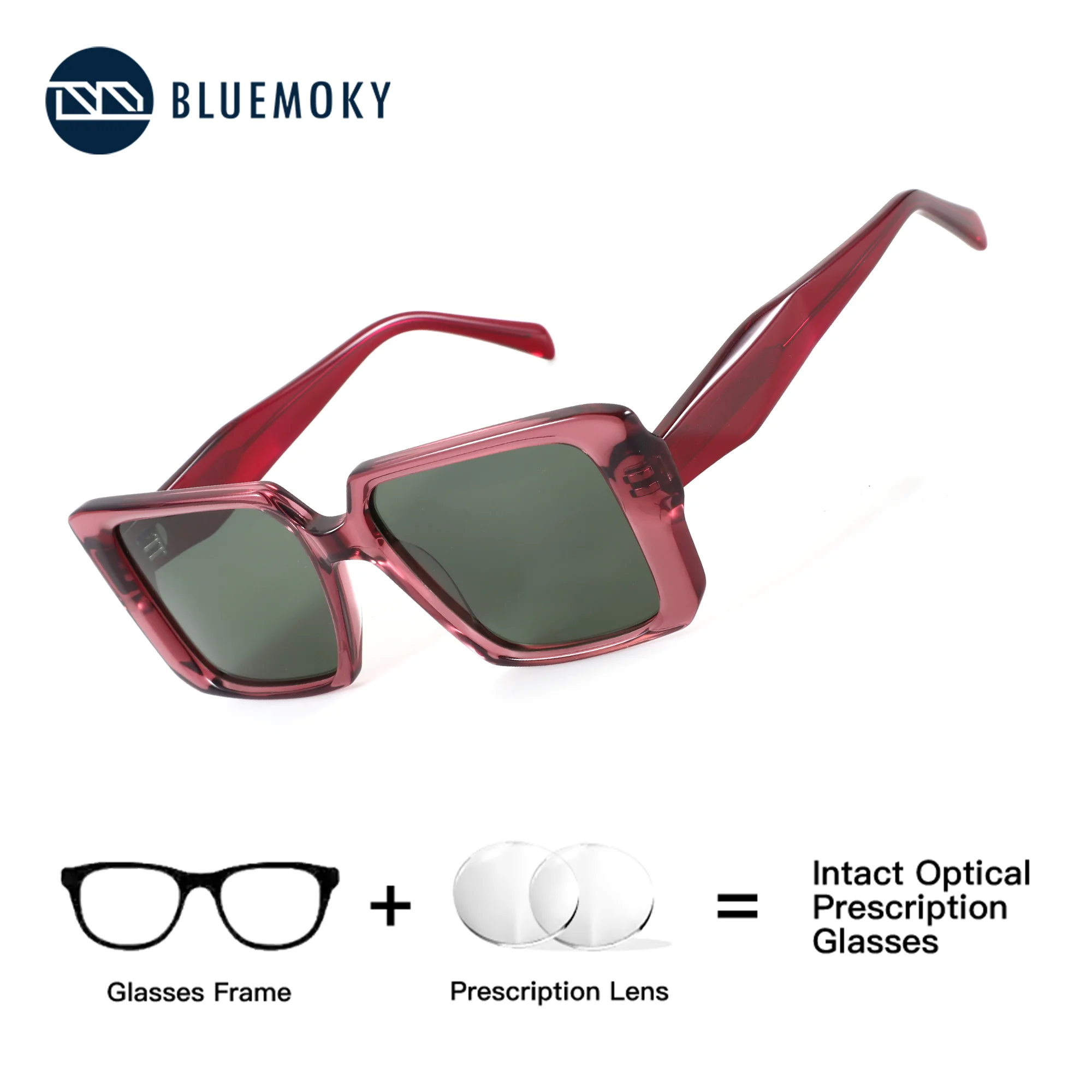 

BLUEMOKY Women's Large Box Acetate Customized Correction Prescription Sunglasses Progressive Myopia Lenses UV400 Protection