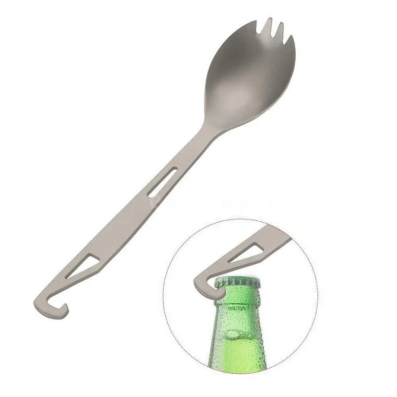 

Outdoor Titanium Spoon Camping Tableware Bottle Opener Picnic Dinner Titanium Spork Fork for Travel Backpacking