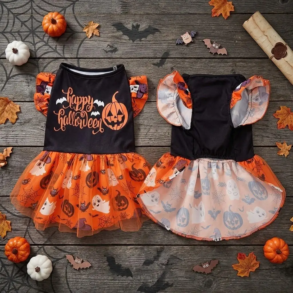 Fröhliches Halloween-Hundekleid mit Rüschen, Kürbis, Geist, Fledermaus, Spinne, orangefarbenem Netz-Tüllrock, Haustier-Outfit für kleine und mittelgroße Hunde und Katzen – Detail 9