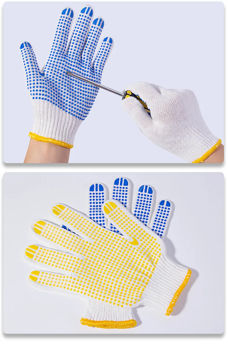 12 Paar Baumwoll-Polyester-Arbeitshandschuhe mit String-Strickschale, Sicherheitsschutz, Malermechaniker, Industrielager mit Punkten – Detail 10