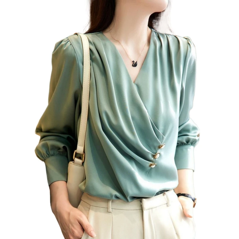 Satin Cross V-Neck Slim Shirt Women's Autumn Solid Color Shirt Left Waist Button Wrap Waist Versatile Shirt office wear women