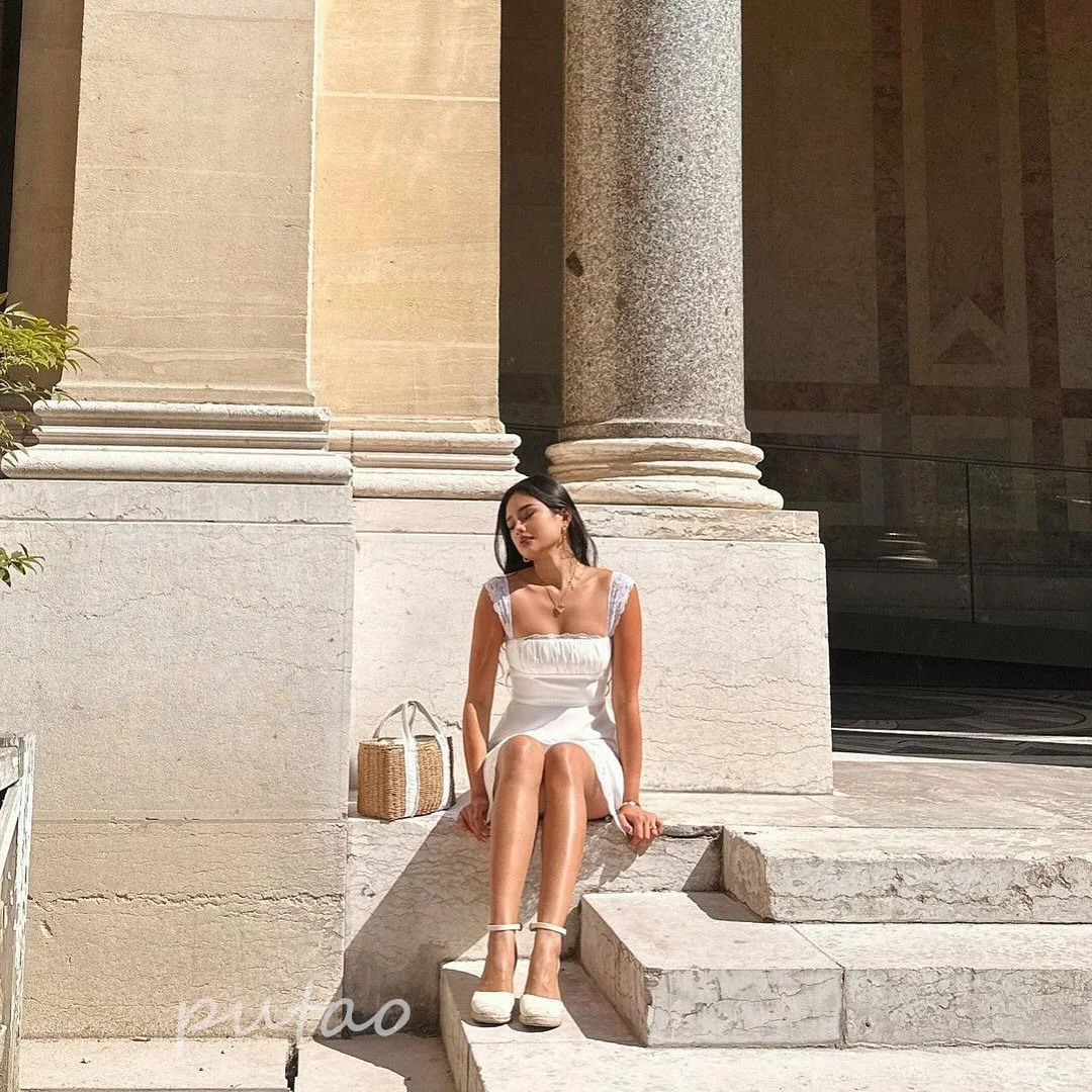 PuTao Vestido corto De encaje blanco, minivestido De cóctel con Espalda descubierta, corte en A, Vestidos De Noche para fiesta De graduación