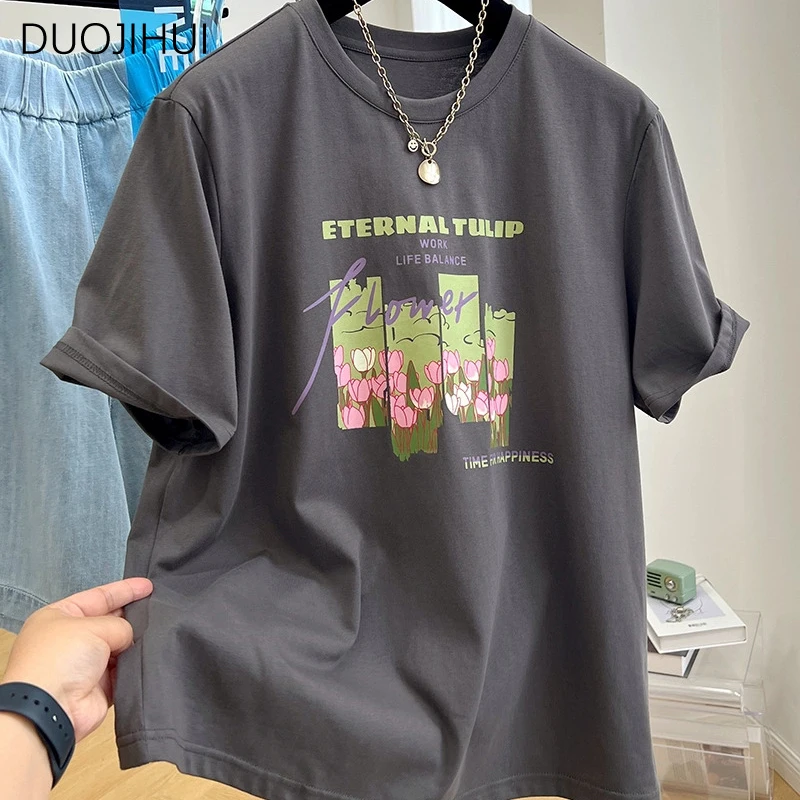 DUOJIHUI Dark Grey Classic O-neck Loose Casual Women T-shirts Summer Chic Printing Simple Office Ladies Fashion Female T-shirts