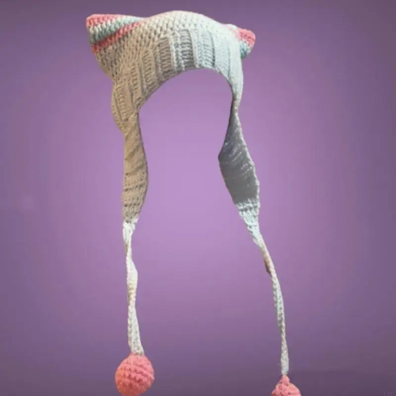 

L5YA Kitten Striped Devil Hat for Women Teens Knitted Colorful Beanie Winter Knitted Hats Cool Photo Prop Y2K GIRL