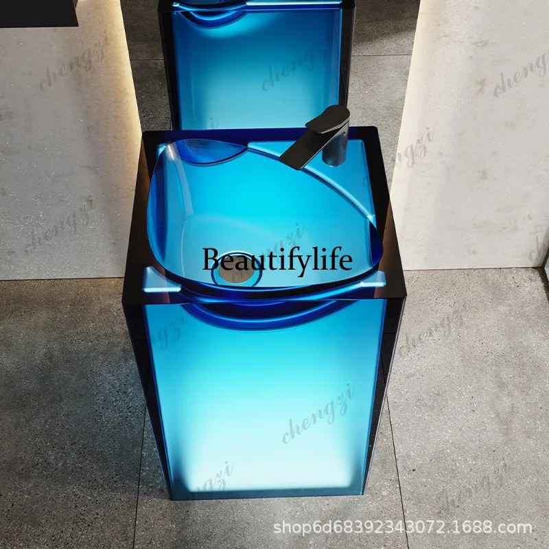 Transparent resin colorful column basin, floor-standing artificial stone art washbasin, crystal face washbasin