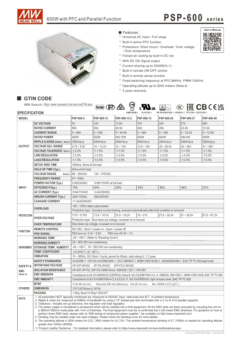 يعني جيدا PSP-600 PSP-600-24V/5/12/13.5/15/27/48 فولت لحمة مشرقة تحويل التيار الكهربائي ث يمكن أن تحل محل SP-500-24 #6