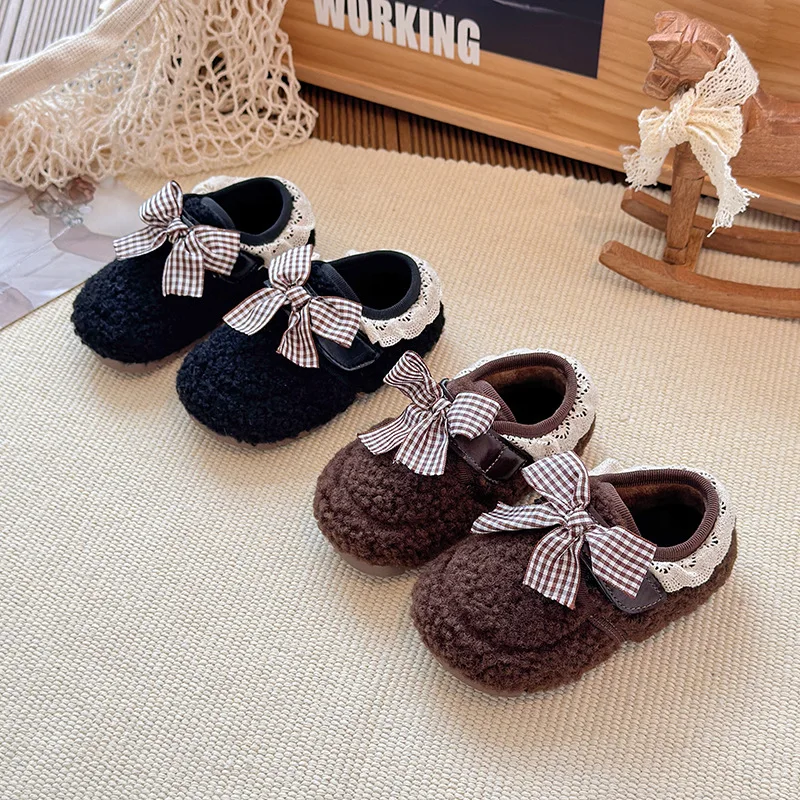 Girls Princess Shoes Sweet Bows Kids Suede Warm Shoes Comfortable 2025 Winter New Children Casual Flat Shoes Fashion Versatile