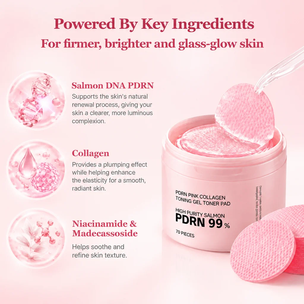 Salmon PDRN Pink Collagen Toner Pads for Radiance & Uneven Skin Tone,Calming Skin Redness Soothing Gel Toner Pad Korean Skincare