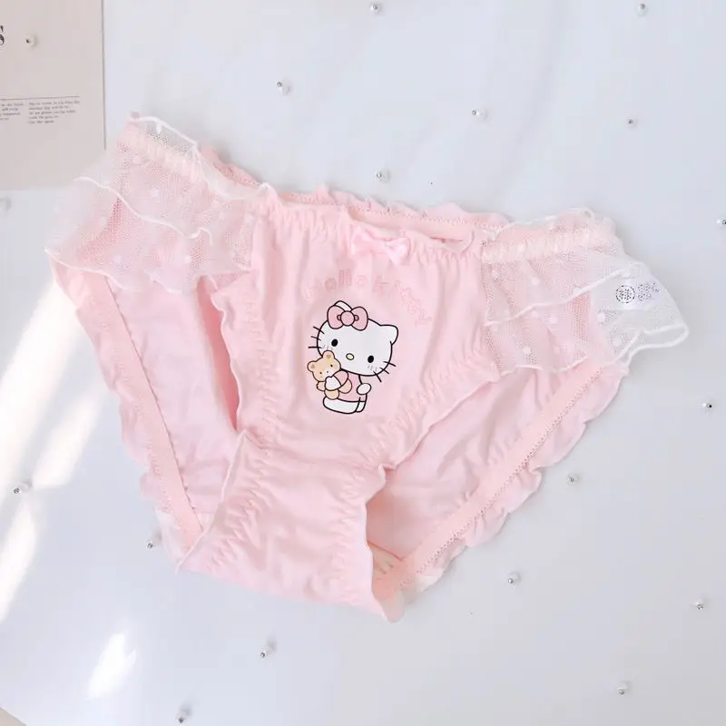 Sanrio Soft Girl Hello Kitty Underwear Set Japanese Girls Thin Sweet Lace Underwear Without Steel Ring Student Bra and Panty Set