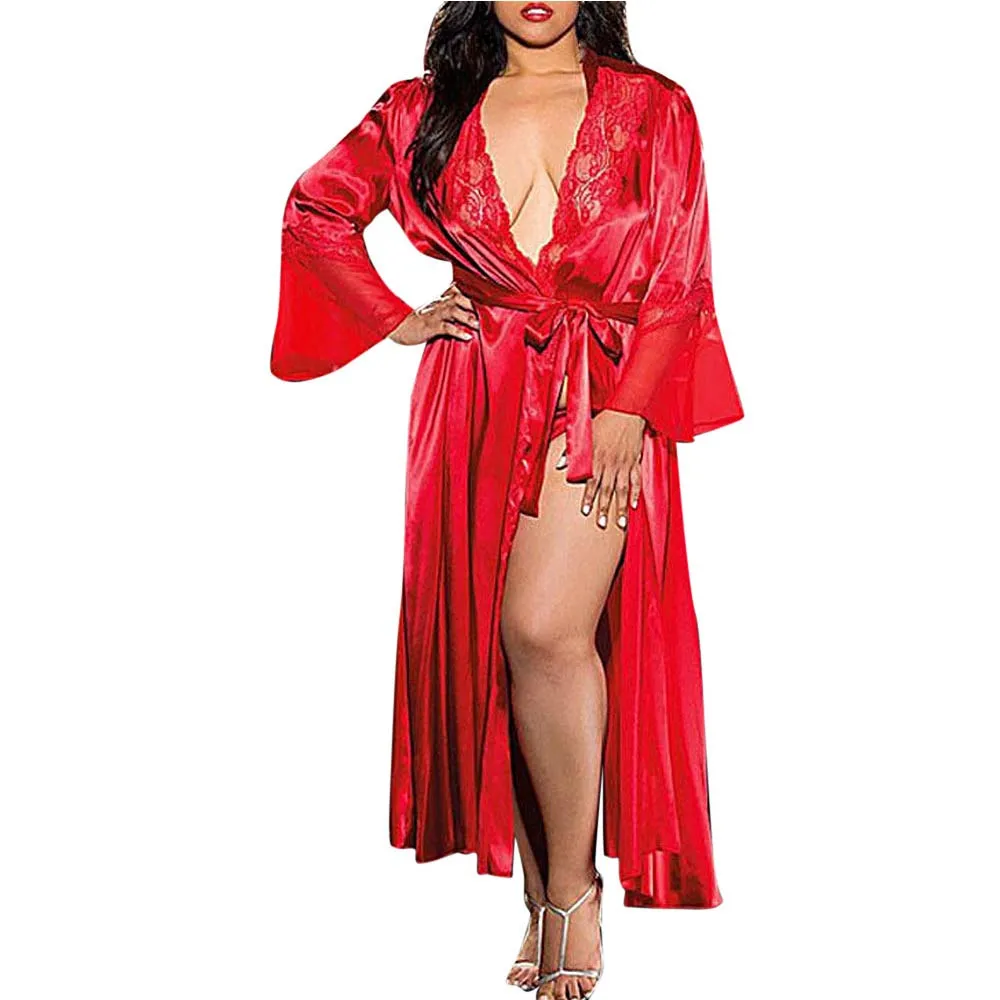 Women's Stain Silk Robe Bath Gown Kimono Yukata Bathrobe Lace Long Sleepwear Ladies Bride Red Long Sleeve Nightgown Nightdress