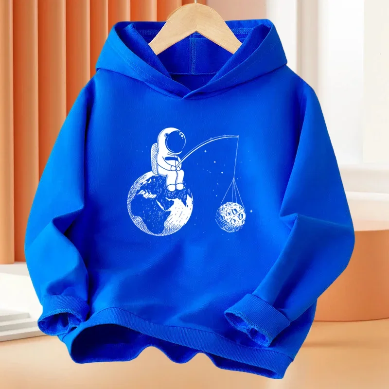 Spring Autumn Boys 2-14Year Cartoon Space Astronaut Fishing The Moon Long Sleeve Hoodie Children Funny Tops Kids Fashion Coat