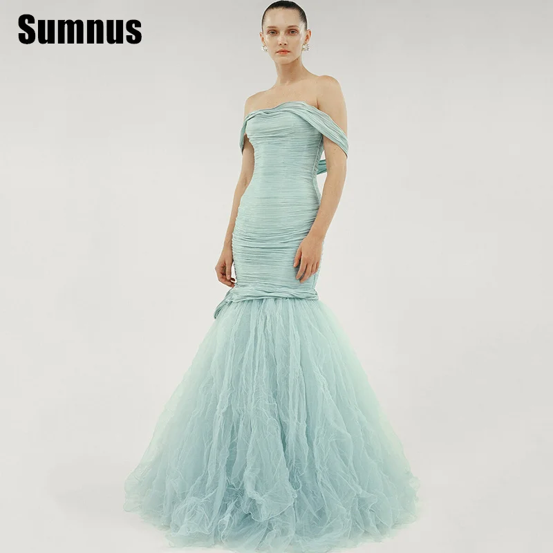 

Sumnus современное платье русалки для выпускного вечера небесно-голубое с открытыми плечами и складками вечерние платья без рукавов вечернее платье длиной до пола по индивидуальному заказу